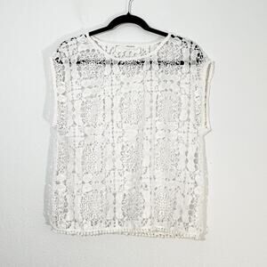 Naf Naf Paris Crochet Top Womens S Boho Sheer Summer Coastal Floral Lace Boxy